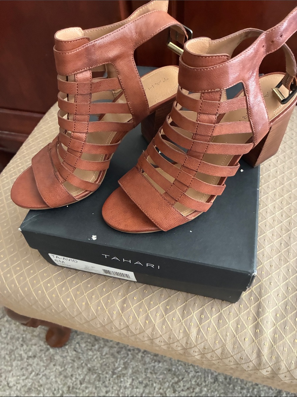 Tahari Cognac Strappy Block Heel Sandals